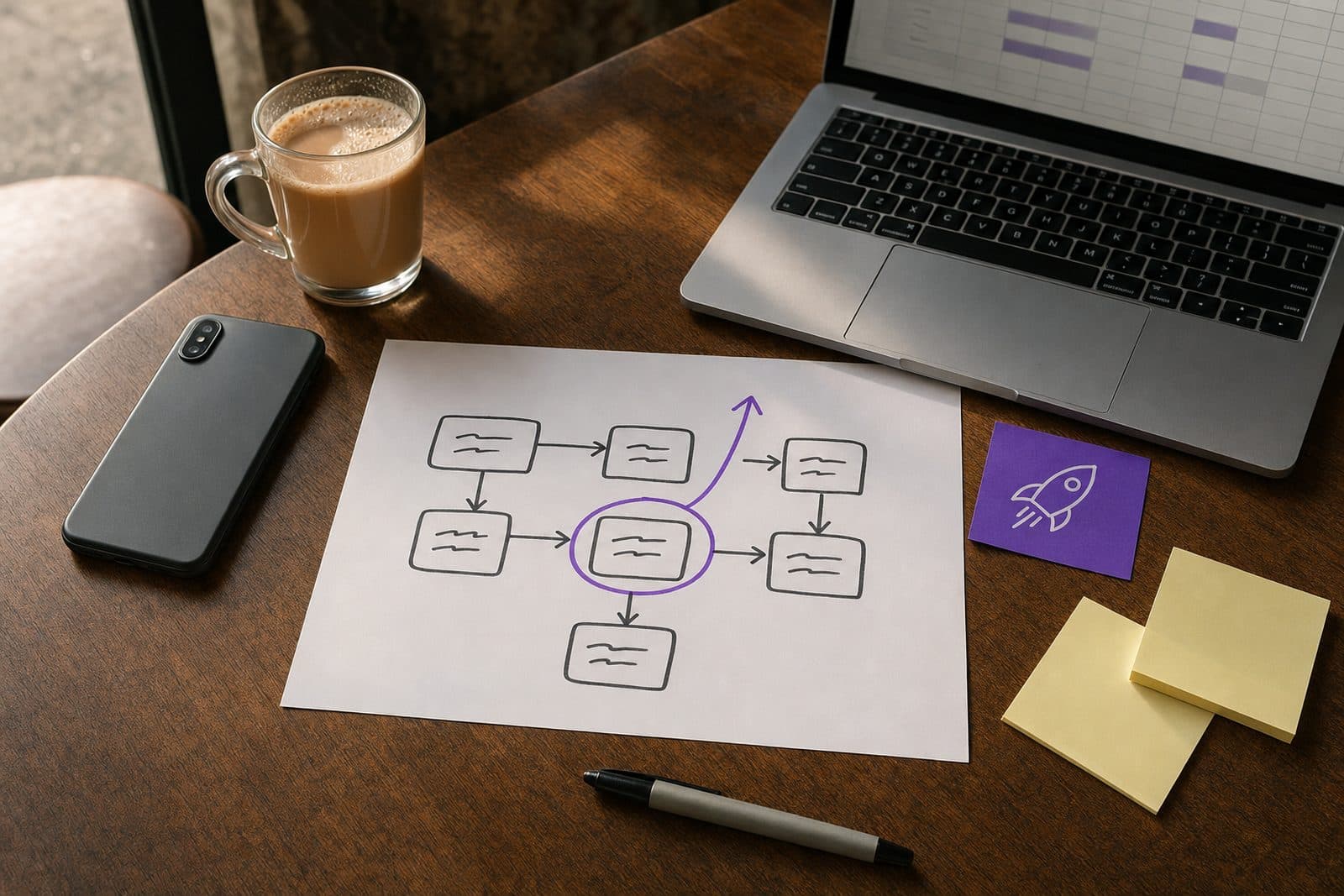 A hand-drawn workflow map on a cafe table with one step circled