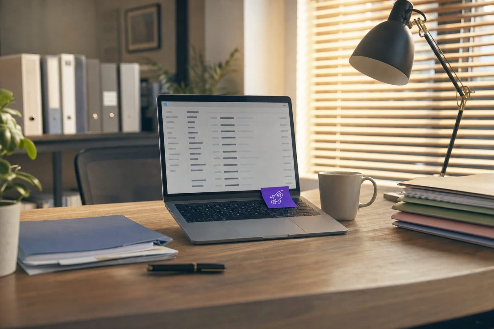 An office desk with renewal paperwork and a laptop