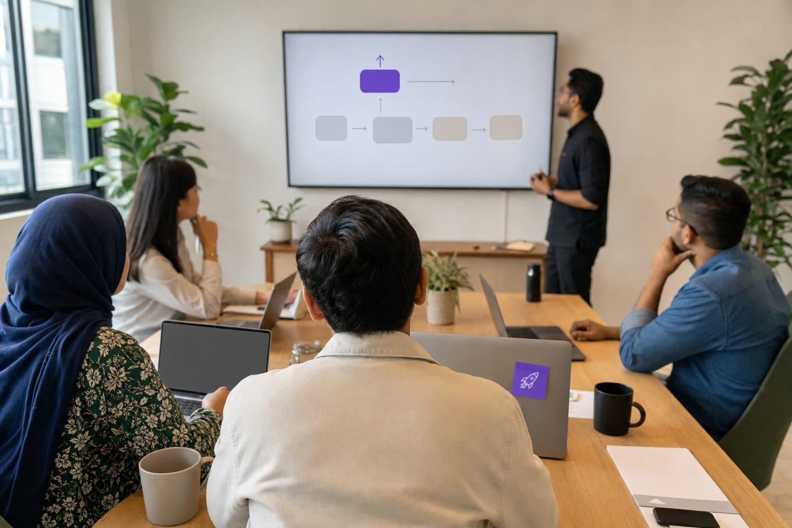 A small team at laptops during a hands-on session